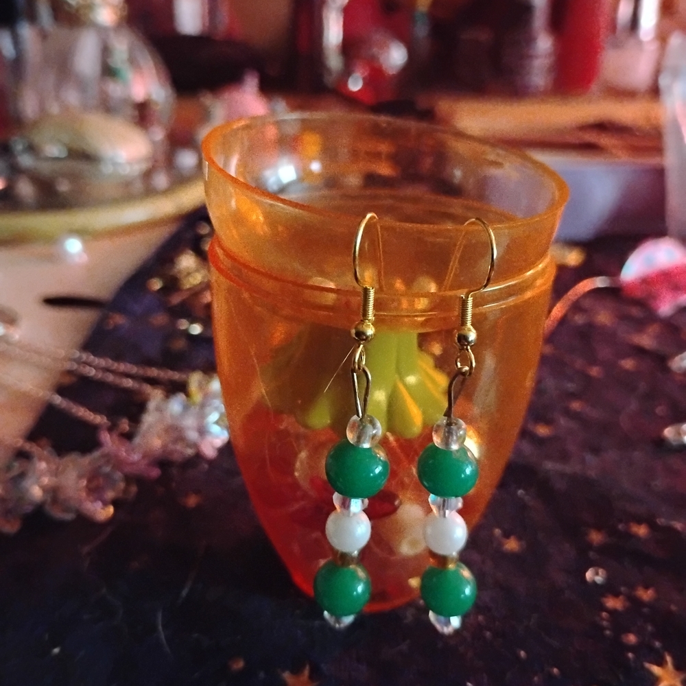 Green and White Beaded Dangle Earrings - Women Jewelry Earrings